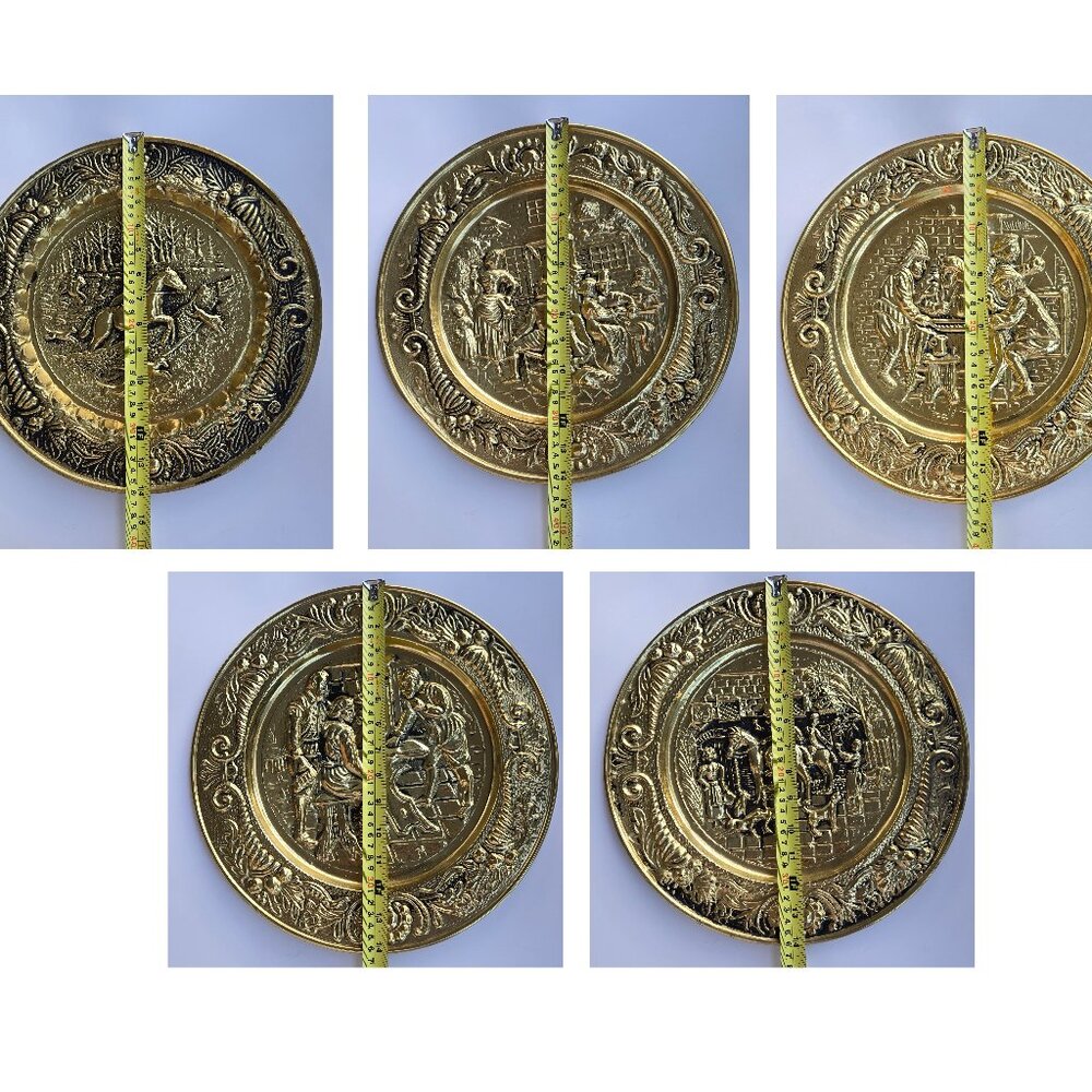 Set of 5 Vintage 3D Brass Embossed Metal Wall Plates, Life and Pub scenes